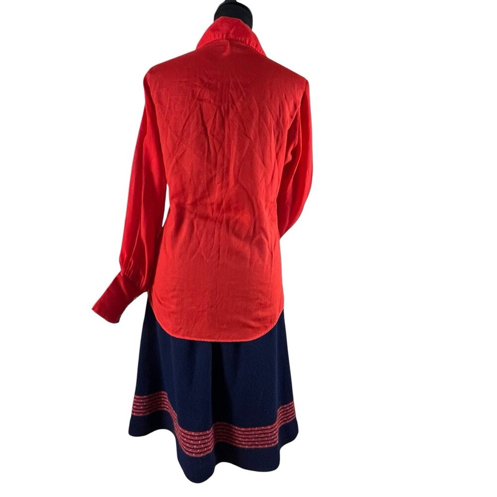 Vintage 70s Rosanna 3pc Knit Skirt Vest Set Red Dagger Collar Bishop Sleeve Sz S - Picture 4 of 16